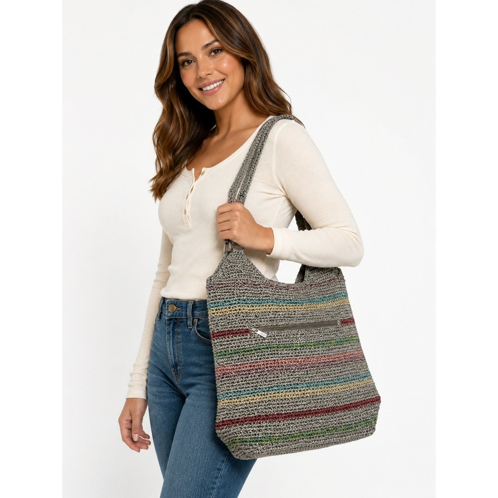 The Sak Belle Crochet Multi Striped Boho Shoulder Tote Purse Handbag One Size